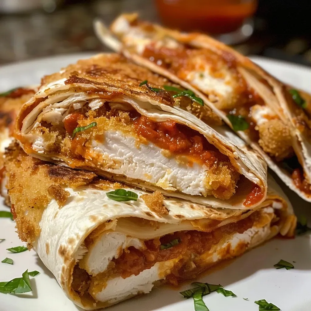 ['Close-up view of a stuffed wrap filled with chicken, marinara sauce, and melted cheese.', 'Side view of a delicious chicken parmesan wrap showcasing the crispy exterior and cheesy filling.', 'Juicy chicken parmesan wrap with visible marinara sauce and mozzarella, set on a plate.', 'Tasty chicken wraps showing layers of ingredients, with a focus on the breaded chicken and cheese.']