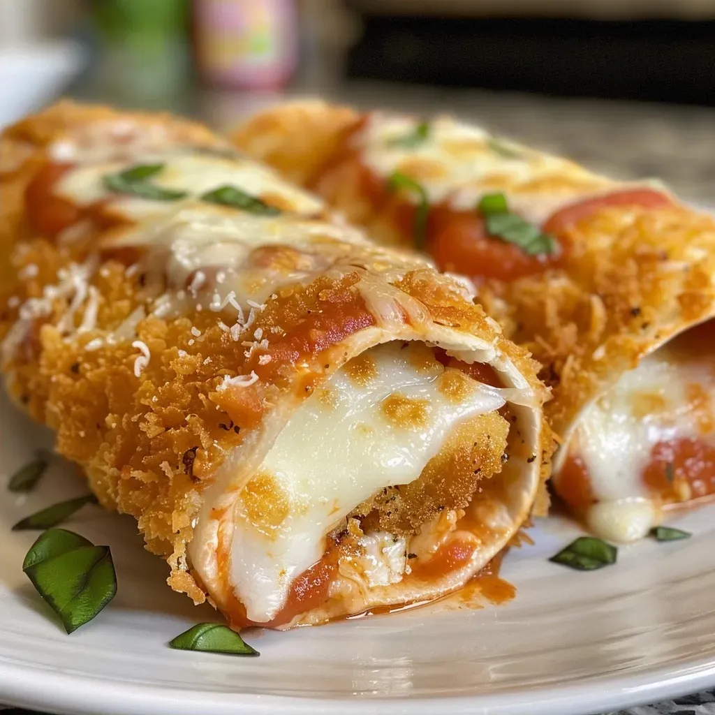 ['Close-up view of a stuffed wrap filled with chicken, marinara sauce, and melted cheese.', 'Side view of a delicious chicken parmesan wrap showcasing the crispy exterior and cheesy filling.', 'Juicy chicken parmesan wrap with visible marinara sauce and mozzarella, set on a plate.', 'Tasty chicken wraps showing layers of ingredients, with a focus on the breaded chicken and cheese.']