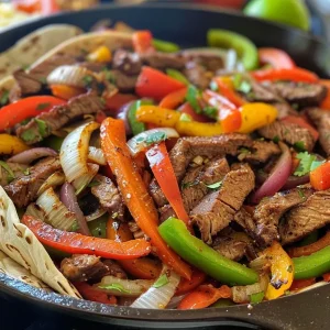 ['Close-up image of juicy steak fajitas with colorful peppers and onions.', 'Side view of sizzling steak fajitas on a plate with vibrant vegetables.', 'Detailed shot of freshly made steak fajitas showcasing bright bell peppers.', 'Appetizing display of steak fajitas highlighting juicy meat and sautéed onions.']