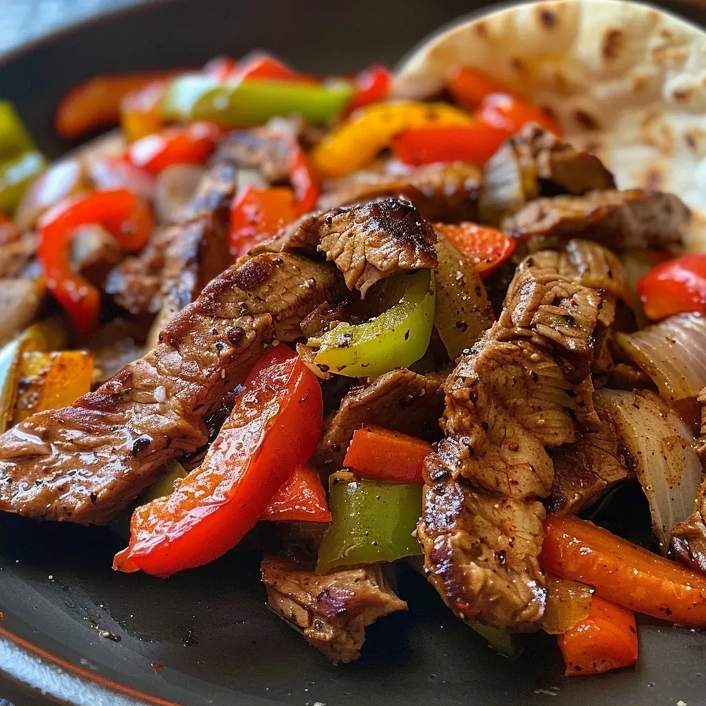 ['Close-up image of juicy steak fajitas with colorful peppers and onions.', 'Side view of sizzling steak fajitas on a plate with vibrant vegetables.', 'Detailed shot of freshly made steak fajitas showcasing bright bell peppers.', 'Appetizing display of steak fajitas highlighting juicy meat and sautéed onions.']