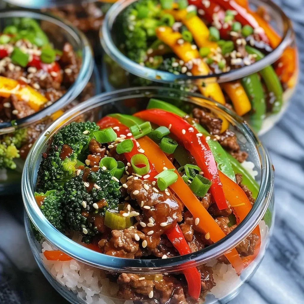 ['Close-up view of a meal prep bowl filled with teriyaki beef, colorful vegetables, and garnished with green onions.', 'Side angle of a delicious teriyaki beef meal prep bowl showcasing ground beef, broccoli, and bell peppers.', 'Juicy teriyaki beef meal prep bowl featuring vibrant vegetables, arranged neatly in a container.', 'Detailed side view of teriyaki beef mixed with vegetables inside a meal prep bowl, highlighting the fresh ingredients.']