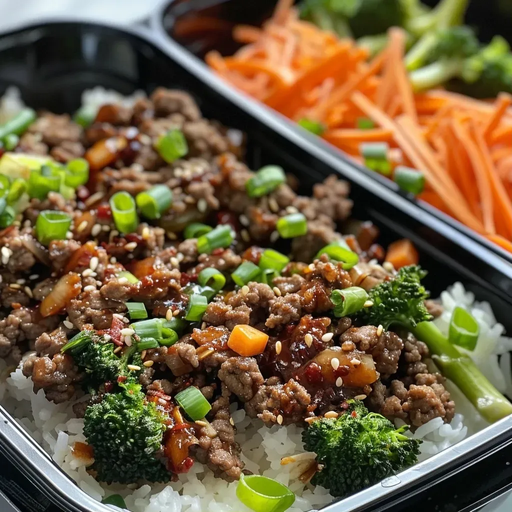 ['Close-up view of a Firecracker Beef Meal Prep Bowl featuring beef, rice, and vegetables.', 'Juicy Firecracker Beef Meal Prep Bowl with vibrant broccoli, carrots, and garnishes.', 'Side view of a colorful Firecracker Beef Meal Prep Bowl showcasing ground beef and rice.', 'Detailed photo of a meal prep bowl filled with beef, rice, and fresh vegetables.']