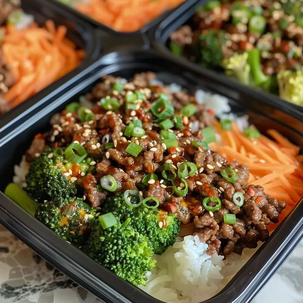 ['Close-up view of a Firecracker Beef Meal Prep Bowl featuring beef, rice, and vegetables.', 'Juicy Firecracker Beef Meal Prep Bowl with vibrant broccoli, carrots, and garnishes.', 'Side view of a colorful Firecracker Beef Meal Prep Bowl showcasing ground beef and rice.', 'Detailed photo of a meal prep bowl filled with beef, rice, and fresh vegetables.']