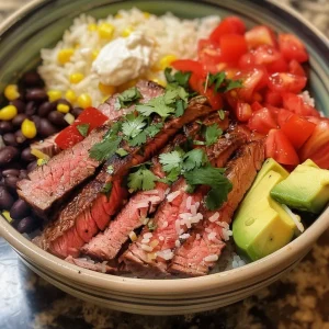 ['Close-up view of a Flank Steak Bowl with rice, black beans, corn, and avocado slices.', 'Juicy Flank Steak Bowl featuring vibrant ingredients like diced tomatoes and fresh cilantro.', 'Side view of a hearty Flank Steak Bowl garnished with sour cream and salsa.', 'Colorful presentation of a Flank Steak Bowl showcasing layers of rice, steak, and toppings.']