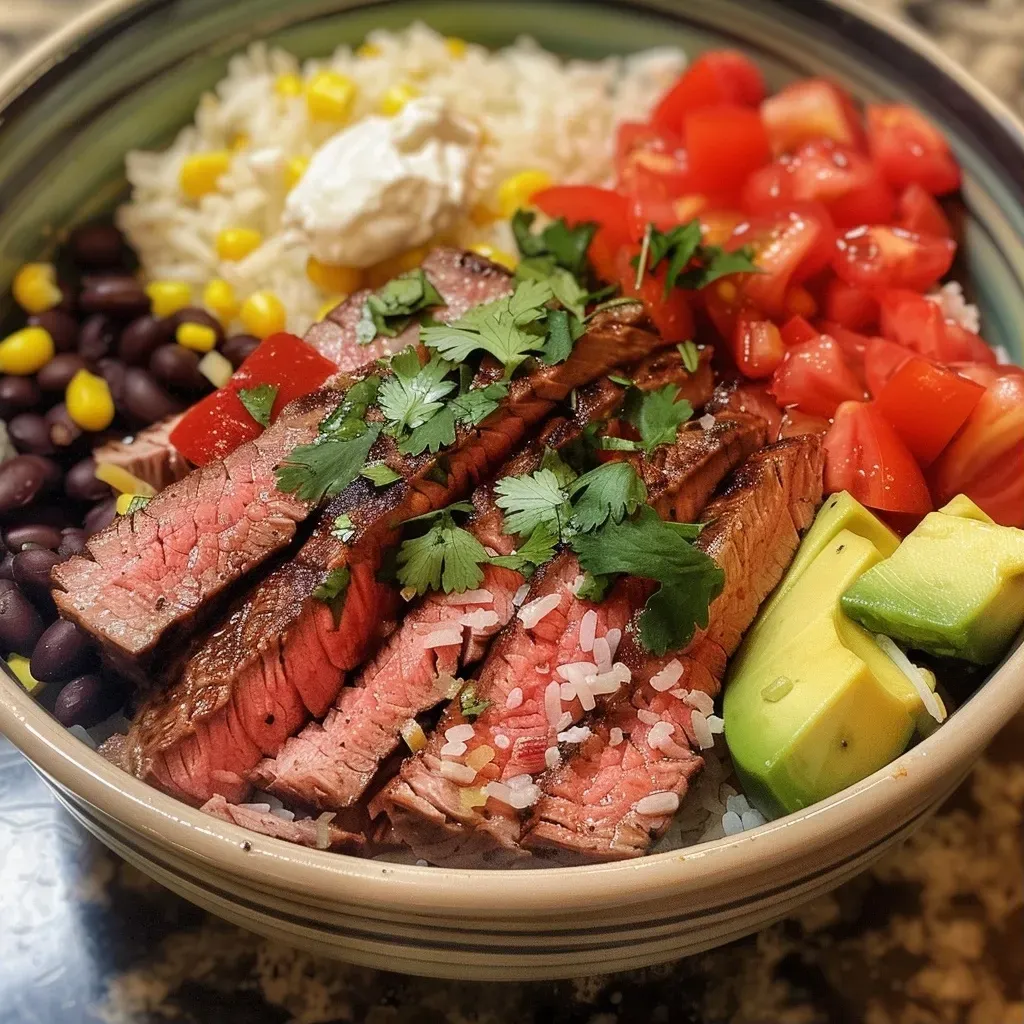 ['Close-up view of a Flank Steak Bowl with rice, black beans, corn, and avocado slices.', 'Juicy Flank Steak Bowl featuring vibrant ingredients like diced tomatoes and fresh cilantro.', 'Side view of a hearty Flank Steak Bowl garnished with sour cream and salsa.', 'Colorful presentation of a Flank Steak Bowl showcasing layers of rice, steak, and toppings.']