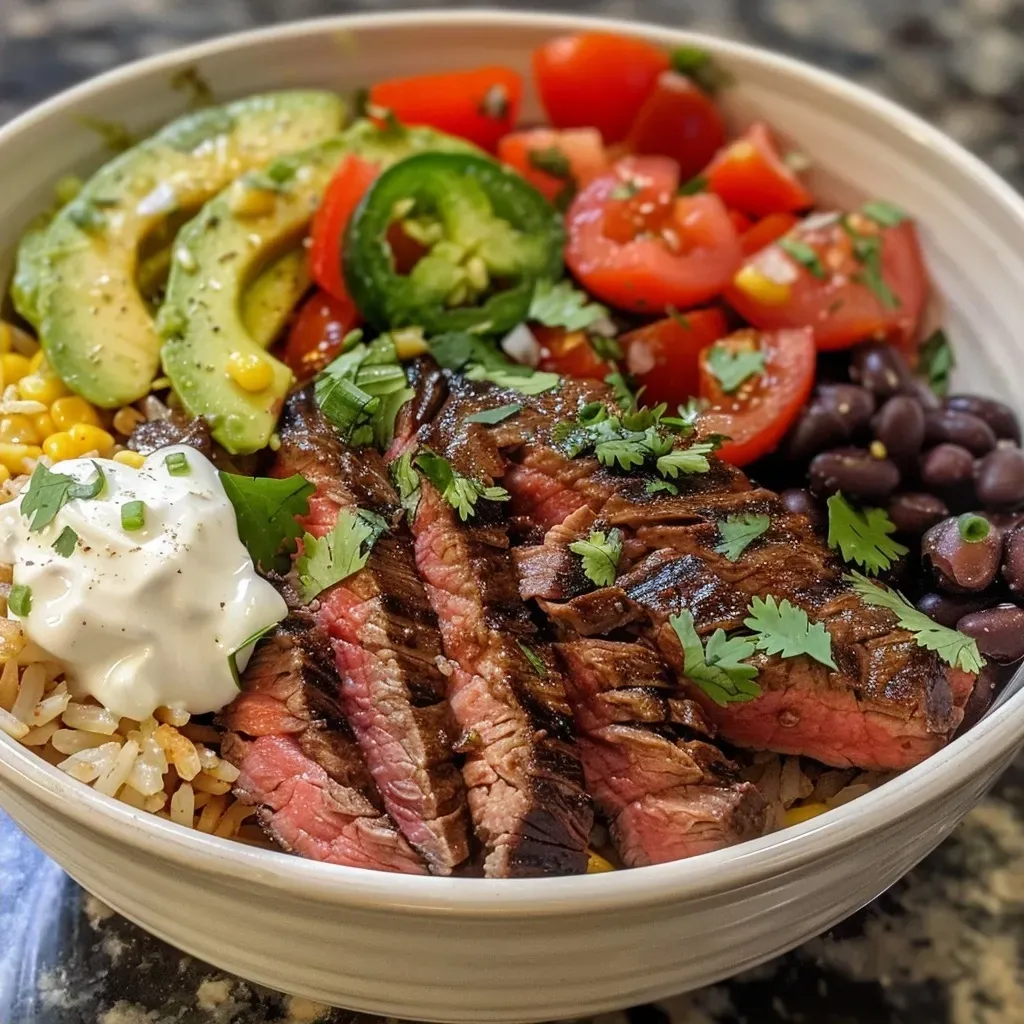 ['Close-up view of a Flank Steak Bowl with rice, black beans, corn, and avocado slices.', 'Juicy Flank Steak Bowl featuring vibrant ingredients like diced tomatoes and fresh cilantro.', 'Side view of a hearty Flank Steak Bowl garnished with sour cream and salsa.', 'Colorful presentation of a Flank Steak Bowl showcasing layers of rice, steak, and toppings.']
