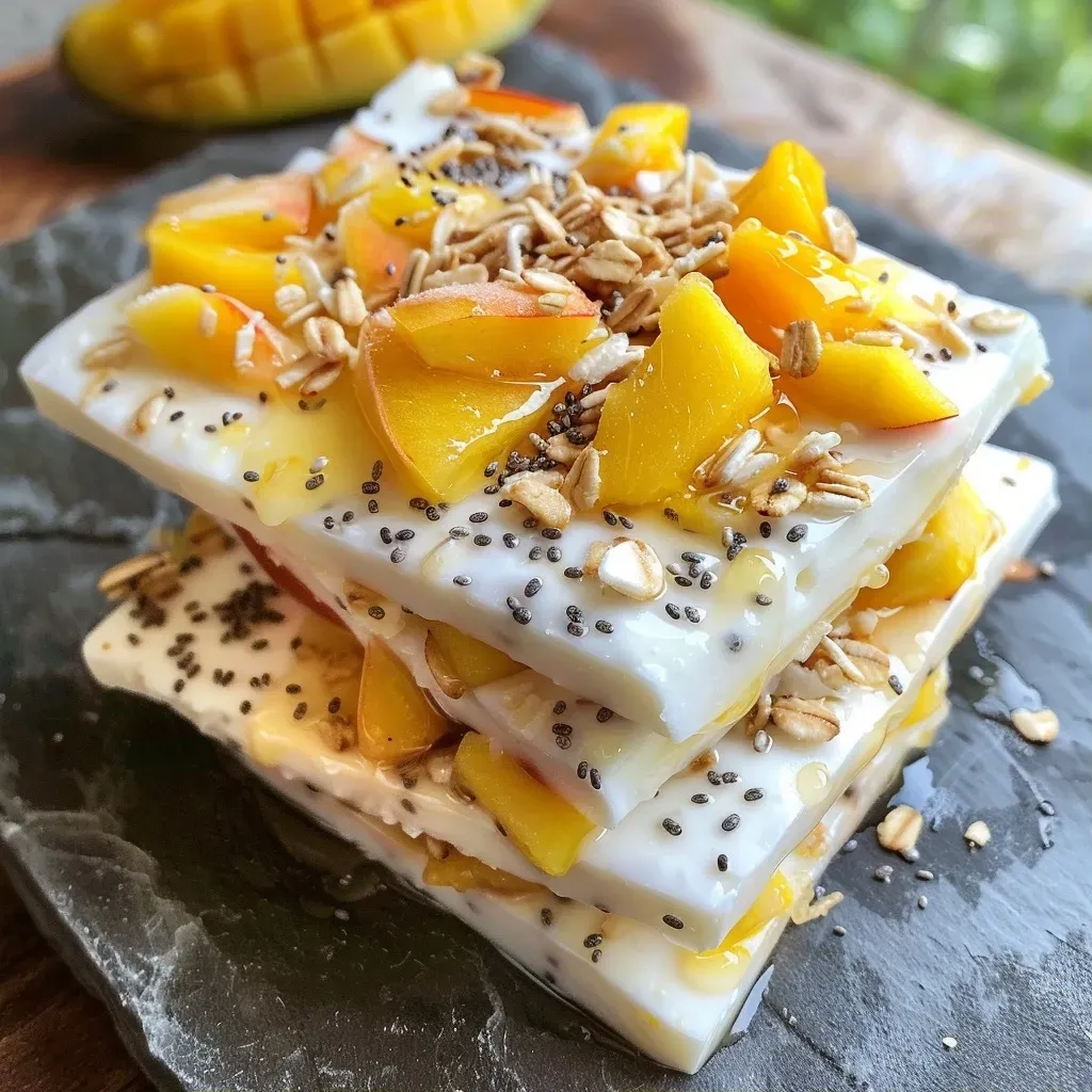 ['Close-up view of Frozen Mango Peach Greek Yogurt Bark with diced fruits.', 'Side view of Frozen Mango Peach Greek Yogurt Bark showcasing vibrant colors of mango and peach.', 'Frozen Mango Peach Greek Yogurt Bark displayed on a plate, highlighting its creamy texture and fruit pieces.', 'Closer look at Frozen Mango Peach Greek Yogurt Bark with chia seeds and granola sprinkled on top.']