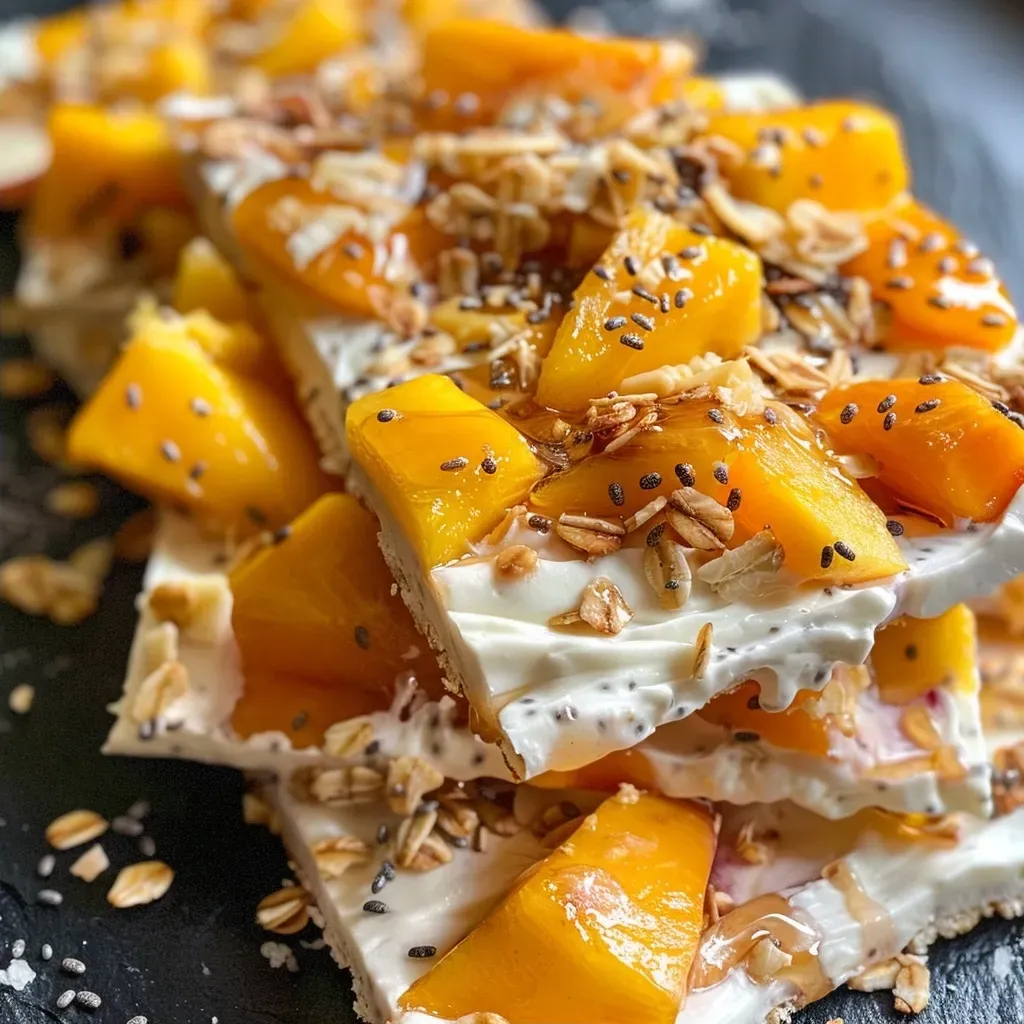['Close-up view of Frozen Mango Peach Greek Yogurt Bark with diced fruits.', 'Side view of Frozen Mango Peach Greek Yogurt Bark showcasing vibrant colors of mango and peach.', 'Frozen Mango Peach Greek Yogurt Bark displayed on a plate, highlighting its creamy texture and fruit pieces.', 'Closer look at Frozen Mango Peach Greek Yogurt Bark with chia seeds and granola sprinkled on top.']