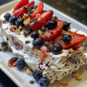 ['Close-up view of colorful frozen yogurt bark topped with fruits and granola.', 'Vibrant frozen yogurt bark featuring strawberries, blueberries, and chocolate chips.', 'Side view of frozen yogurt bark adorned with coconut flakes and granola.', 'Deliciously arranged frozen yogurt bark with fresh fruit and a sprinkle of chocolate.']