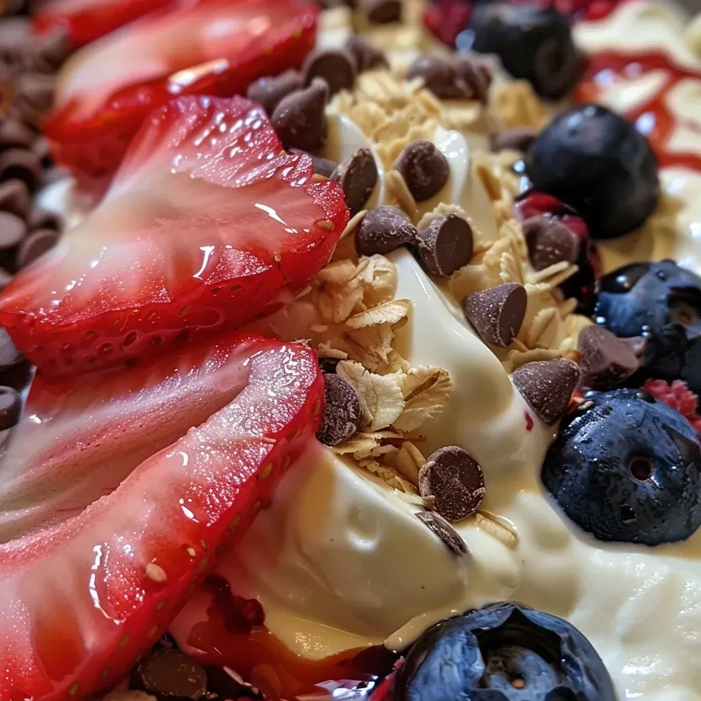 ['Close-up view of colorful frozen yogurt bark topped with fruits and granola.', 'Vibrant frozen yogurt bark featuring strawberries, blueberries, and chocolate chips.', 'Side view of frozen yogurt bark adorned with coconut flakes and granola.', 'Deliciously arranged frozen yogurt bark with fresh fruit and a sprinkle of chocolate.']