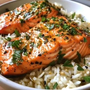 ['Close-up of a delicious garlic butter salmon rice bowl with parsley garnish.', 'Side view of a garlic butter salmon rice bowl featuring salmon fillets and rice.', 'Juicy salmon fillets on a bed of rice drizzled with garlic butter and herbs.', 'A colorful rice bowl with salmon, garlic butter, and fresh parsley on top.']