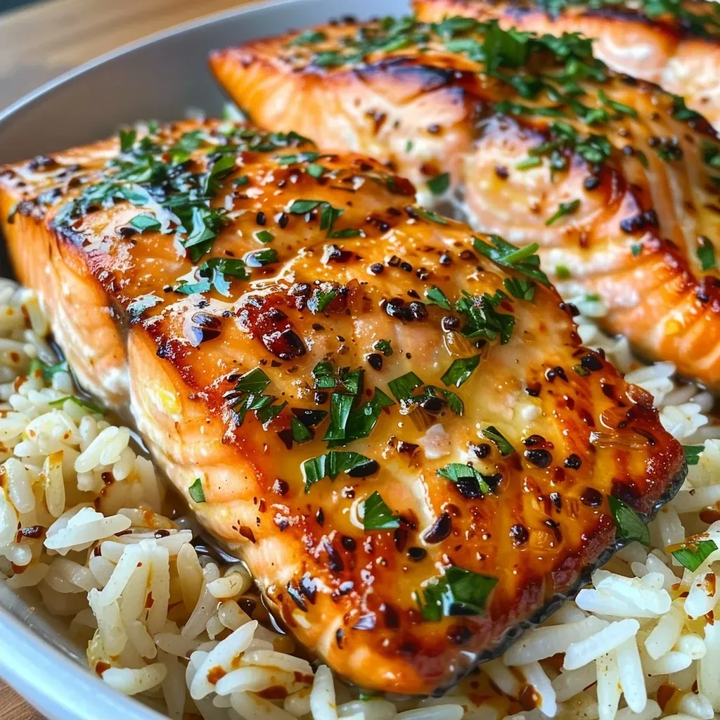 ['Close-up of a delicious garlic butter salmon rice bowl with parsley garnish.', 'Side view of a garlic butter salmon rice bowl featuring salmon fillets and rice.', 'Juicy salmon fillets on a bed of rice drizzled with garlic butter and herbs.', 'A colorful rice bowl with salmon, garlic butter, and fresh parsley on top.']