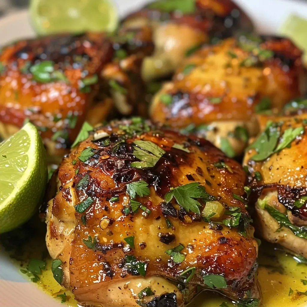 ['Juicy Garlic Lime Chicken breasts on a wooden cutting board.', 'Close-up view of succulent Garlic Lime Chicken garnished with lime wedges.', 'Golden-brown Garlic Lime Chicken cooked to perfection, showcasing herbs and spices.', 'Savory Garlic Lime Chicken presented with a drizzle of lime juice and garlic garnish.']