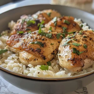 ['Close-up of Garlic Parmesan Chicken and Rice in a bowl, highlighting juicy chicken pieces and creamy sauce.', 'Side view of a serving of Garlic Parmesan Chicken and Rice, featuring tender chicken and fluffy rice.', 'Detailed shot of Garlic Parmesan Chicken and Rice, showcasing ingredients like fresh parsley and melted cheese.', 'Appetizing close-up of Garlic Parmesan Chicken and Rice with a golden brown appearance and creamy texture.']
