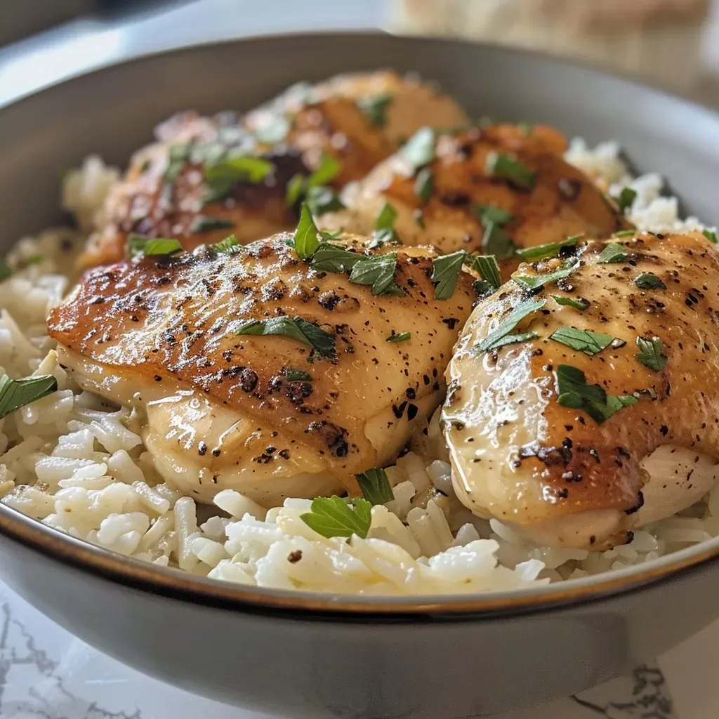 ['Close-up of Garlic Parmesan Chicken and Rice in a bowl, highlighting juicy chicken pieces and creamy sauce.', 'Side view of a serving of Garlic Parmesan Chicken and Rice, featuring tender chicken and fluffy rice.', 'Detailed shot of Garlic Parmesan Chicken and Rice, showcasing ingredients like fresh parsley and melted cheese.', 'Appetizing close-up of Garlic Parmesan Chicken and Rice with a golden brown appearance and creamy texture.']