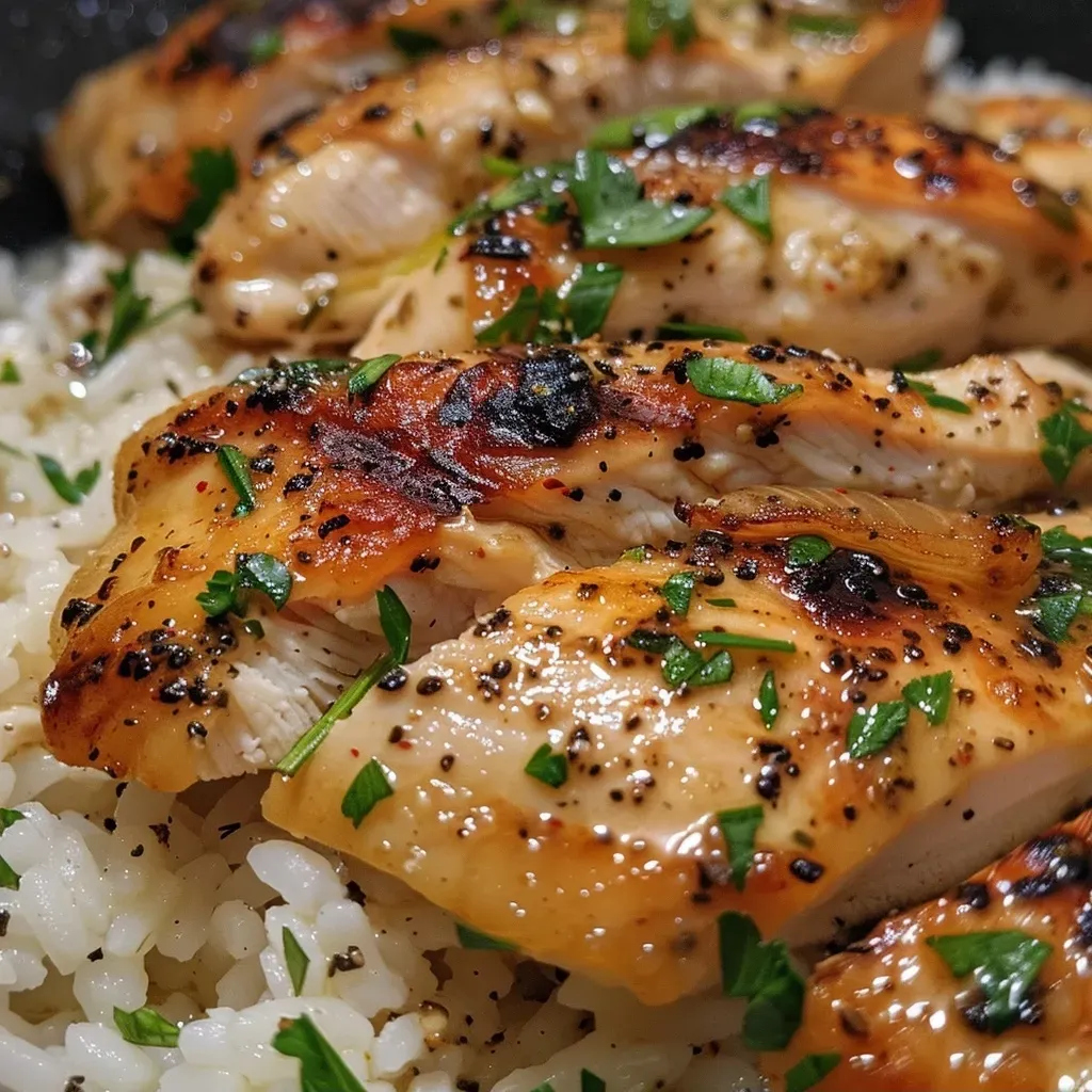 ['Close-up of Garlic Parmesan Chicken and Rice in a bowl, highlighting juicy chicken pieces and creamy sauce.', 'Side view of a serving of Garlic Parmesan Chicken and Rice, featuring tender chicken and fluffy rice.', 'Detailed shot of Garlic Parmesan Chicken and Rice, showcasing ingredients like fresh parsley and melted cheese.', 'Appetizing close-up of Garlic Parmesan Chicken and Rice with a golden brown appearance and creamy texture.']