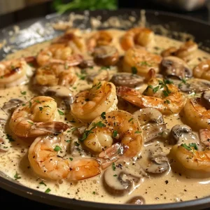 ['Close-up view of garlic shrimp in creamy mushroom sauce served in a bowl.', 'Juicy shrimp coated in a rich mushroom sauce with garlic flecks visible.', 'A side angle of garlic shrimp with creamy sauce and parsley garnish on a plate.', 'Detailed view of shrimp and mushrooms in a creamy garlic sauce, highlighting texture.']