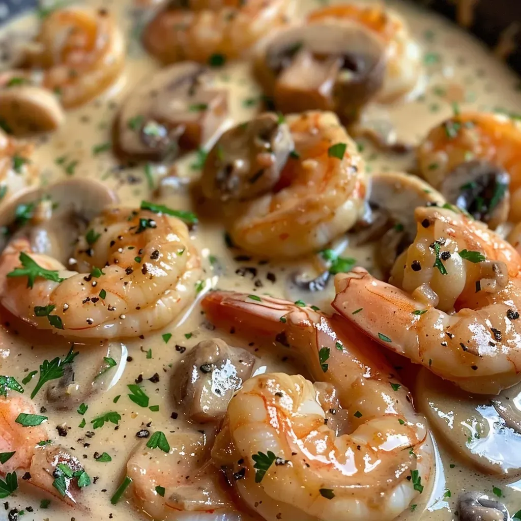 ['Close-up view of garlic shrimp in creamy mushroom sauce served in a bowl.', 'Juicy shrimp coated in a rich mushroom sauce with garlic flecks visible.', 'A side angle of garlic shrimp with creamy sauce and parsley garnish on a plate.', 'Detailed view of shrimp and mushrooms in a creamy garlic sauce, highlighting texture.']