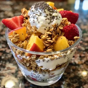 ['Close-up view of a Granola and Peach Yogurt Parfait with layers of yogurt, peach slices, strawberries, and granola.', 'Side view of a colorful Granola Peach Yogurt Parfait featuring fresh fruit, yogurt, and crunchy granola.', 'A vibrant Granola and Peach Yogurt Parfait showcasing juicy peaches, strawberries, and crunchy toppings.', 'Detailed look at a layered parfait with peaches, strawberries, Greek yogurt, and granola in a clear glass.']