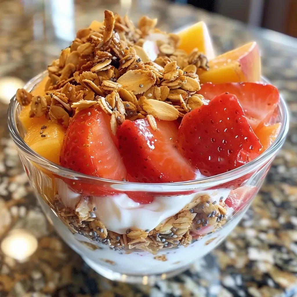 ['Close-up view of a granola and peach yogurt parfait layered in a clear glass.', 'Side profile shot of a delicious parfait featuring yogurt, granola, and fresh peaches.', 'Juicy peach slices and granola stacked in a yogurt parfait photographed from the side.', 'Vibrant granola and peach yogurt parfait displayed in a transparent cup, showcasing the layers.']