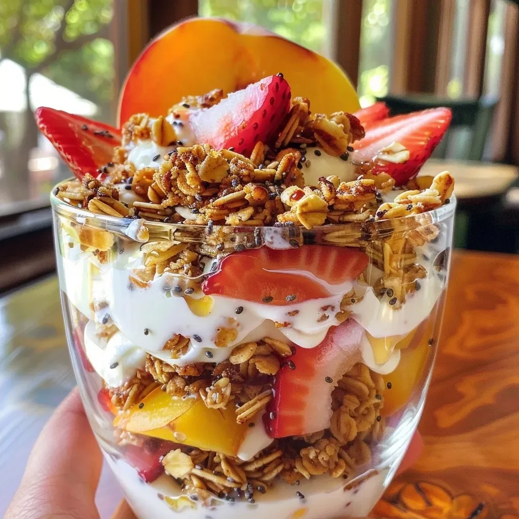 ['Close-up view of a Granola and Peach Yogurt Parfait with layers of yogurt, peach slices, strawberries, and granola.', 'Side view of a colorful Granola Peach Yogurt Parfait featuring fresh fruit, yogurt, and crunchy granola.', 'A vibrant Granola and Peach Yogurt Parfait showcasing juicy peaches, strawberries, and crunchy toppings.', 'Detailed look at a layered parfait with peaches, strawberries, Greek yogurt, and granola in a clear glass.']
