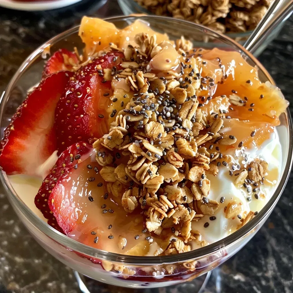 ['Close-up view of a granola and peach yogurt parfait layered in a clear glass.', 'Side profile shot of a delicious parfait featuring yogurt, granola, and fresh peaches.', 'Juicy peach slices and granola stacked in a yogurt parfait photographed from the side.', 'Vibrant granola and peach yogurt parfait displayed in a transparent cup, showcasing the layers.']