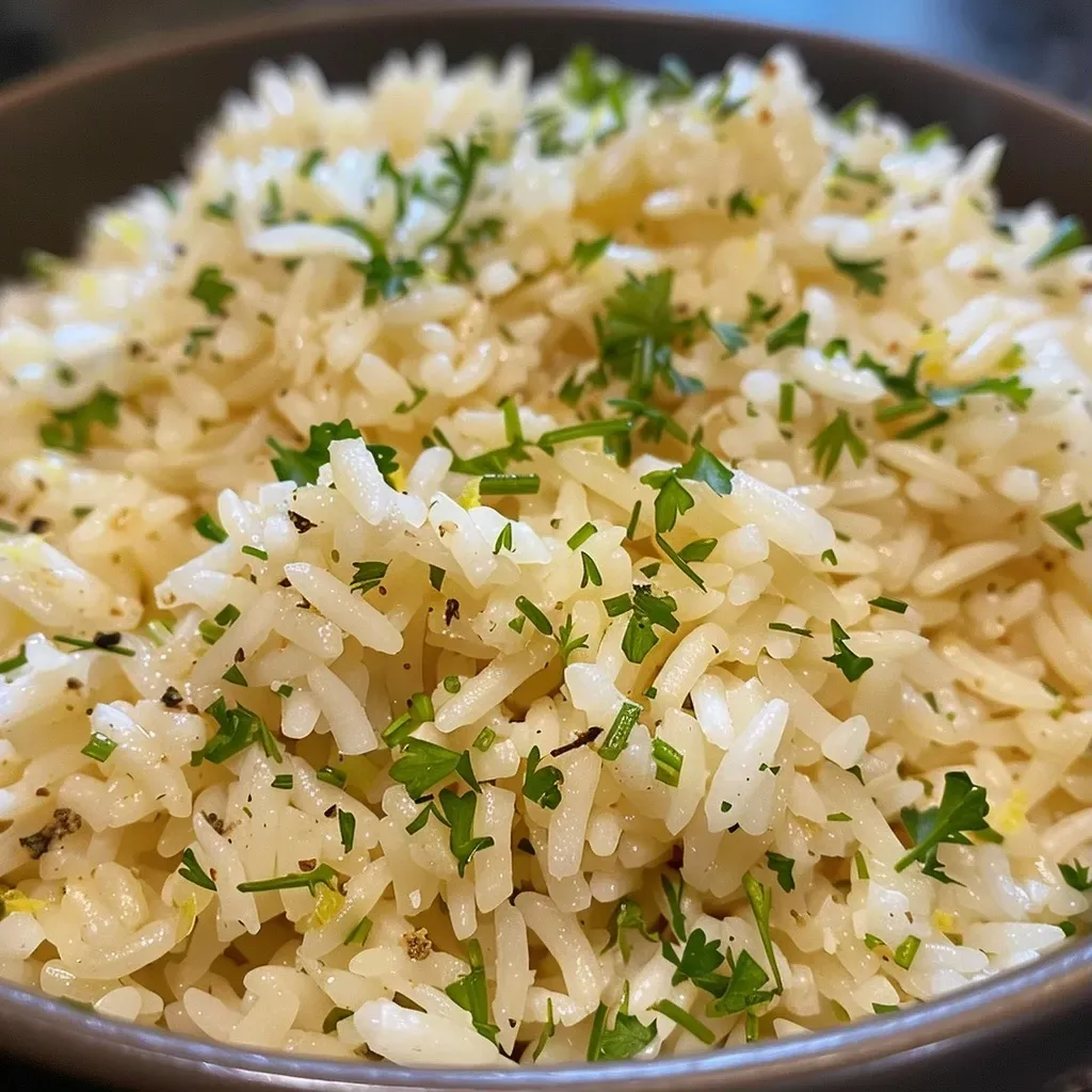['A close-up view of a vibrant Greek rice dish, featuring fluffy grains and herbs.', 'Juicy Greek rice with a side of fresh lemon and herbs, captured from a side angle.', 'A steaming portion of Greek rice garnished with parsley and dill, showcased from the side.', 'Detailed side view of Greek rice, highlighting the texture and colorful ingredients.']