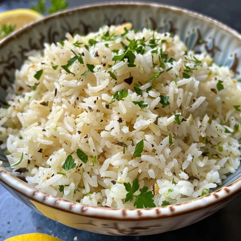['A close-up view of a vibrant Greek rice dish, featuring fluffy grains and herbs.', 'Juicy Greek rice with a side of fresh lemon and herbs, captured from a side angle.', 'A steaming portion of Greek rice garnished with parsley and dill, showcased from the side.', 'Detailed side view of Greek rice, highlighting the texture and colorful ingredients.']