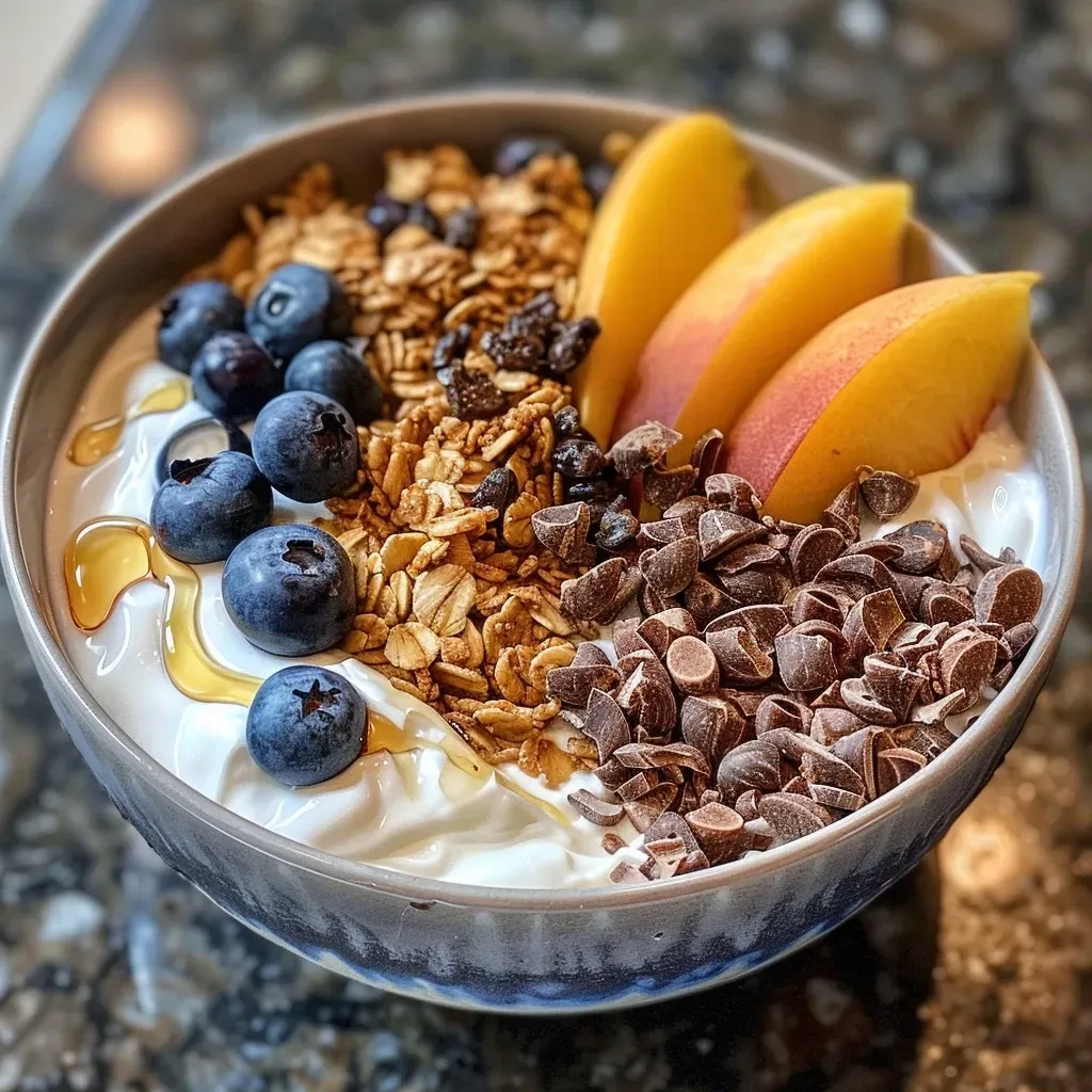 ['Close-up view of a vibrant Greek yogurt bowl topped with blueberries and peach slices.', 'Side view of a Greek yogurt bowl featuring fresh blueberries, sliced peaches, and granola.', 'Colorful Greek yogurt bowl loaded with blueberries, peach chunks, and chocolate nibs.', 'Delicious Greek yogurt topped with juicy peaches, blueberries, and a drizzle of almond butter.']