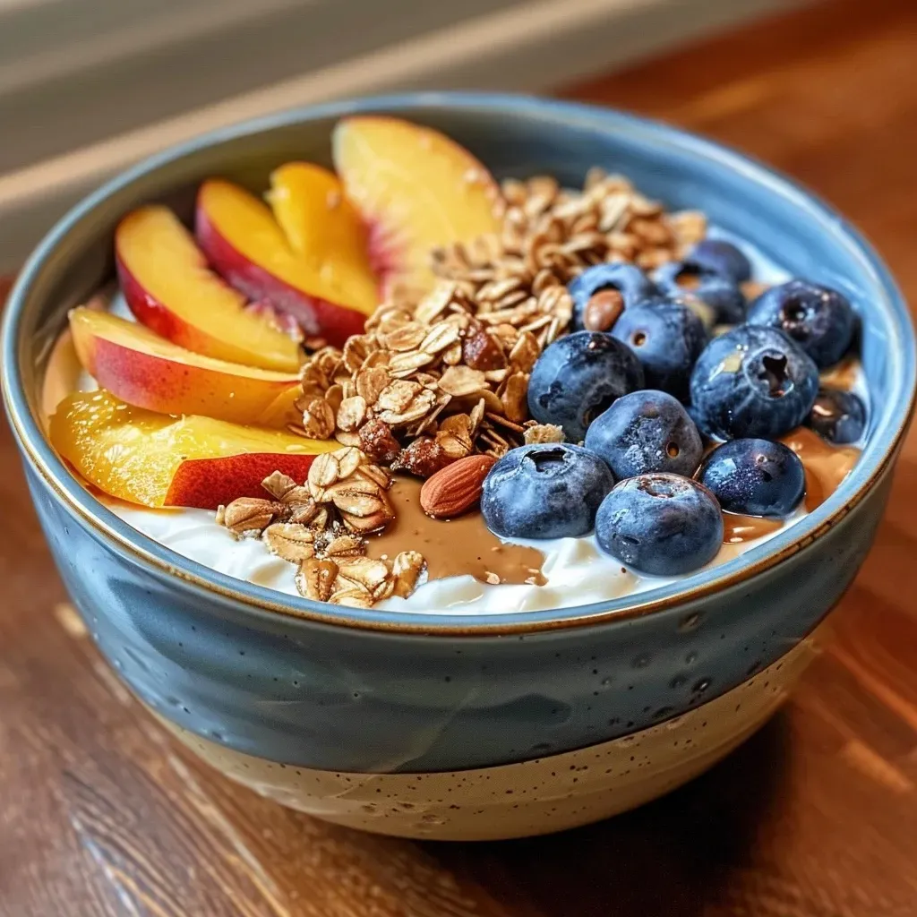 ['Close-up view of a vibrant Greek yogurt bowl topped with blueberries and peach slices.', 'Side view of a Greek yogurt bowl featuring fresh blueberries, sliced peaches, and granola.', 'Colorful Greek yogurt bowl loaded with blueberries, peach chunks, and chocolate nibs.', 'Delicious Greek yogurt topped with juicy peaches, blueberries, and a drizzle of almond butter.']