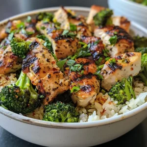 ['Close-up of a grilled chicken and broccoli bowl topped with creamy garlic sauce.', 'Juicy grilled chicken served over fresh broccoli with a creamy white sauce.', 'A vibrant bowl containing grilled chicken, broccoli, and creamy garlic dressing.', 'Side view of a delicious grilled chicken and broccoli bowl garnished with herbs.']