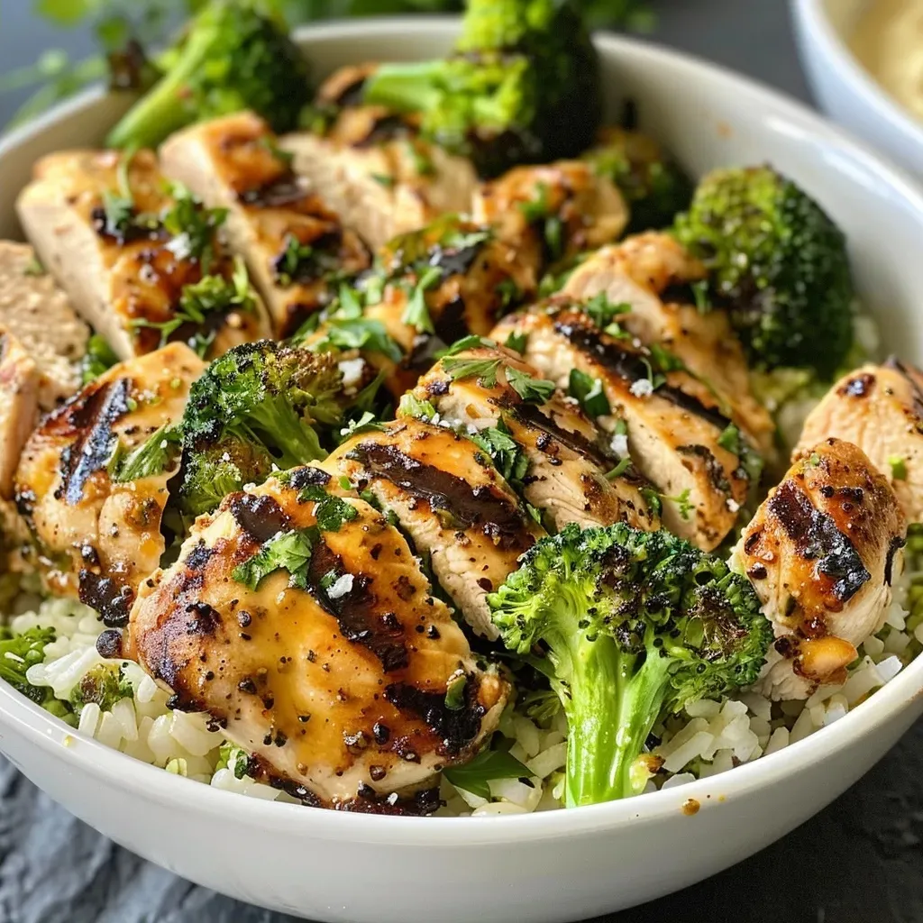 ['Close-up of a grilled chicken and broccoli bowl topped with creamy garlic sauce.', 'Juicy grilled chicken served over fresh broccoli with a creamy white sauce.', 'A vibrant bowl containing grilled chicken, broccoli, and creamy garlic dressing.', 'Side view of a delicious grilled chicken and broccoli bowl garnished with herbs.']