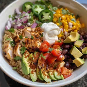 ['Close-up of a grilled chicken burrito bowl topped with avocado salsa.', 'Side view of a colorful burrito bowl featuring grilled chicken, quinoa, and fresh ingredients.', 'Juicy grilled chicken burrito bowl with vibrant avocado salsa and diced tomatoes.', 'Detailed view of a burrito bowl filled with quinoa, black beans, and assorted fresh toppings.']