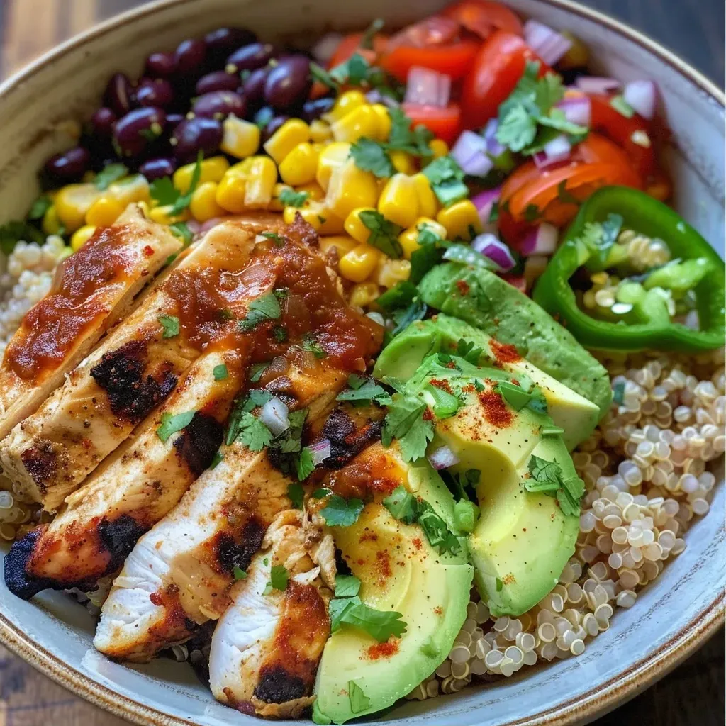 ['Close-up of a grilled chicken burrito bowl topped with avocado salsa.', 'Side view of a colorful burrito bowl featuring grilled chicken, quinoa, and fresh ingredients.', 'Juicy grilled chicken burrito bowl with vibrant avocado salsa and diced tomatoes.', 'Detailed view of a burrito bowl filled with quinoa, black beans, and assorted fresh toppings.']