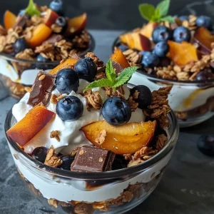 ['A close-up view of Grilled Peach and Blueberry Yoghurt Parfaits in a glass, showcasing layers of yogurt, granola, and fresh fruit.', 'Side view of a parfait featuring grilled peaches, blueberries, and yogurt, garnished with mint leaves.', 'Detailed shot of a yogurt parfait with grilled peaches, blueberries, and crunchy granola in a clear glass.', 'Layered yogurt parfait with juicy peaches, blueberries, and chocolate bark pieces, presented in a stylish glass.']