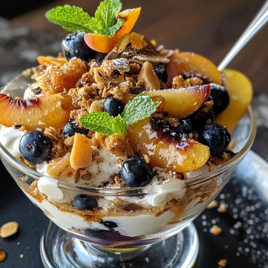 ['A close-up view of Grilled Peach and Blueberry Yoghurt Parfaits in a glass, showcasing layers of yogurt, granola, and fresh fruit.', 'Side view of a parfait featuring grilled peaches, blueberries, and yogurt, garnished with mint leaves.', 'Detailed shot of a yogurt parfait with grilled peaches, blueberries, and crunchy granola in a clear glass.', 'Layered yogurt parfait with juicy peaches, blueberries, and chocolate bark pieces, presented in a stylish glass.']