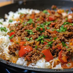 ['Close-up view of a hearty ground beef and rice skillet with colorful diced vegetables.', 'Juicy ground beef mixed with rice and diced tomatoes in a skillet, garnished with parsley.', 'A side view of a delicious one-pan meal featuring ground beef, rice, and bell peppers.', 'A skillet filled with ground beef and rice, topped with cheddar cheese and fresh herbs.']