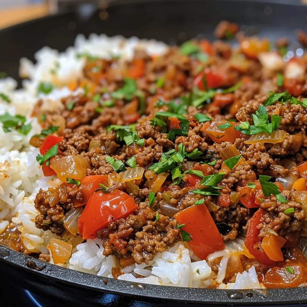 ['Close-up view of a hearty ground beef and rice skillet with colorful diced vegetables.', 'Juicy ground beef mixed with rice and diced tomatoes in a skillet, garnished with parsley.', 'A side view of a delicious one-pan meal featuring ground beef, rice, and bell peppers.', 'A skillet filled with ground beef and rice, topped with cheddar cheese and fresh herbs.']