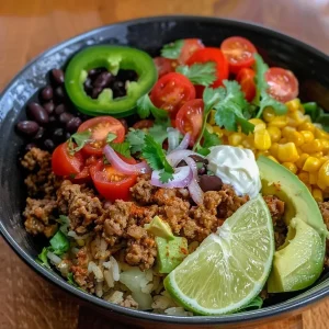['A close-up side view of a Ground Beef Burrito Bowl showcasing vibrant ingredients like ground beef, avocado, and cherry tomatoes.', 'A detailed side view of a colorful Ground Beef Burrito Bowl filled with rice, beans, and fresh vegetables.', 'A hearty Ground Beef Burrito Bowl captured in a close-up, featuring layers of ground beef, cheese, and toppings.', 'A mouthwatering side view of a Ground Beef Burrito Bowl brimming with ingredients and garnished with cilantro.']