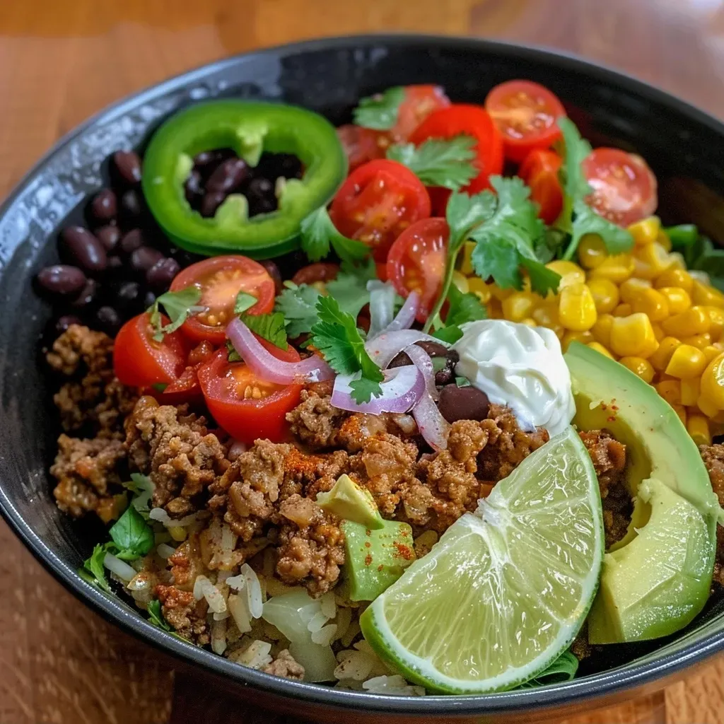 ['A close-up side view of a Ground Beef Burrito Bowl showcasing vibrant ingredients like ground beef, avocado, and cherry tomatoes.', 'A detailed side view of a colorful Ground Beef Burrito Bowl filled with rice, beans, and fresh vegetables.', 'A hearty Ground Beef Burrito Bowl captured in a close-up, featuring layers of ground beef, cheese, and toppings.', 'A mouthwatering side view of a Ground Beef Burrito Bowl brimming with ingredients and garnished with cilantro.']