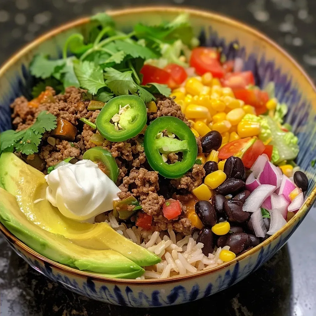 ['A close-up side view of a Ground Beef Burrito Bowl showcasing vibrant ingredients like ground beef, avocado, and cherry tomatoes.', 'A detailed side view of a colorful Ground Beef Burrito Bowl filled with rice, beans, and fresh vegetables.', 'A hearty Ground Beef Burrito Bowl captured in a close-up, featuring layers of ground beef, cheese, and toppings.', 'A mouthwatering side view of a Ground Beef Burrito Bowl brimming with ingredients and garnished with cilantro.']