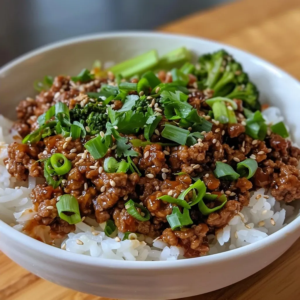 ['Close-up view of a Ground Beef Hot Honey Bowl with colorful vegetables and rice.', 'Juicy ground beef garnished with scallions and sesame seeds in a bowl.', 'A delicious serving of spicy ground beef with hot honey and steamed broccoli.', 'Side view of a Ground Beef Hot Honey Bowl filled with fluffy rice and fresh cilantro.']