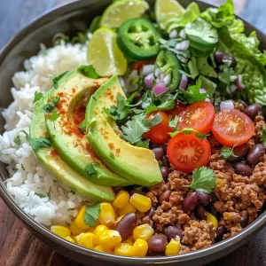 ['Close-up view of a colorful ground beef taco bowl, showcasing layers of rice, beans, and toppings.', 'Juicy ground beef taco bowl filled with rice, black beans, sweet corn, and fresh vegetables.', 'Side view of a taco bowl featuring ground beef, diced tomatoes, and shredded lettuce on top of rice.', 'Detailed image of a taco bowl with ground beef, sour cream, and cilantro, arranged meticulously.']