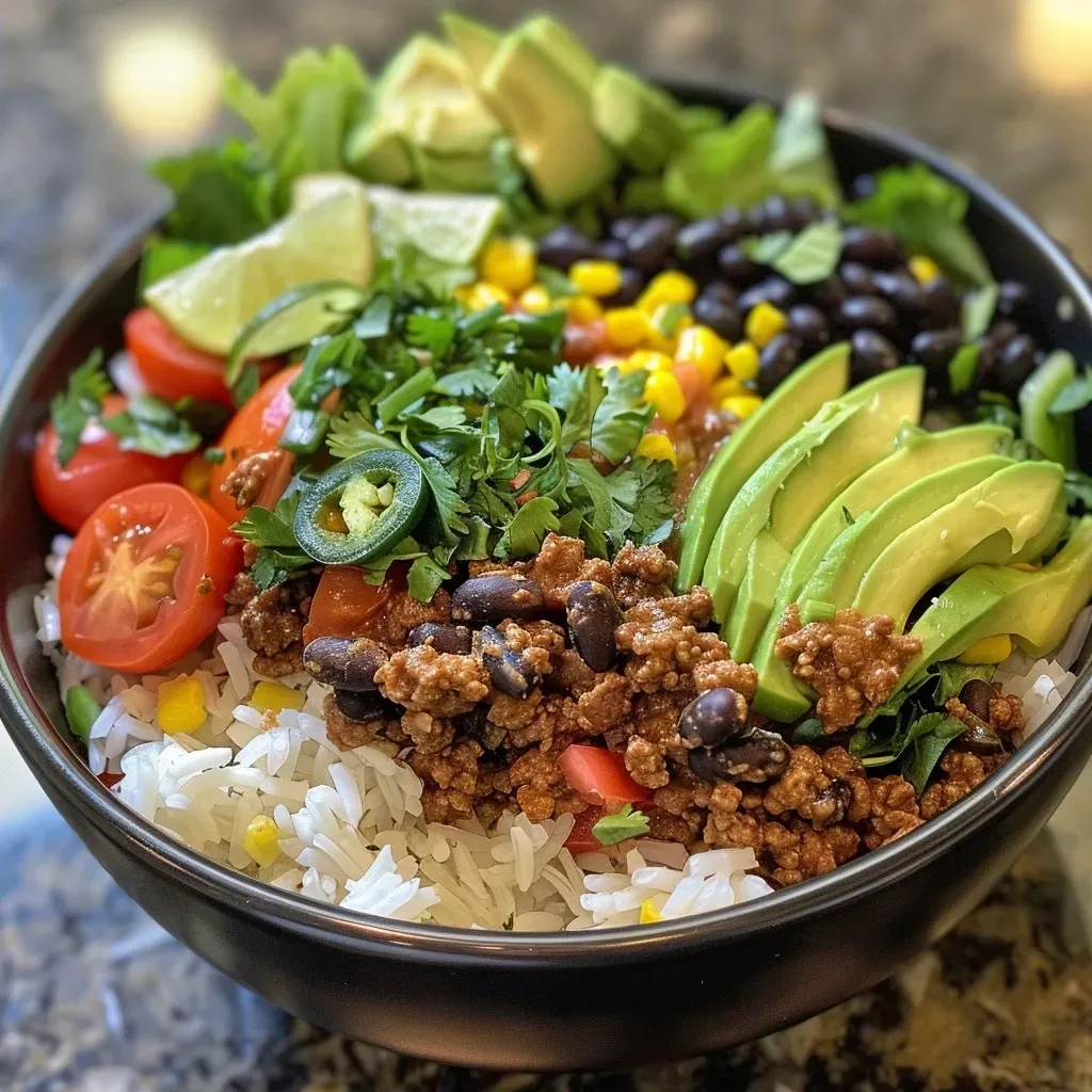 ['Close-up view of a colorful ground beef taco bowl, showcasing layers of rice, beans, and toppings.', 'Juicy ground beef taco bowl filled with rice, black beans, sweet corn, and fresh vegetables.', 'Side view of a taco bowl featuring ground beef, diced tomatoes, and shredded lettuce on top of rice.', 'Detailed image of a taco bowl with ground beef, sour cream, and cilantro, arranged meticulously.']