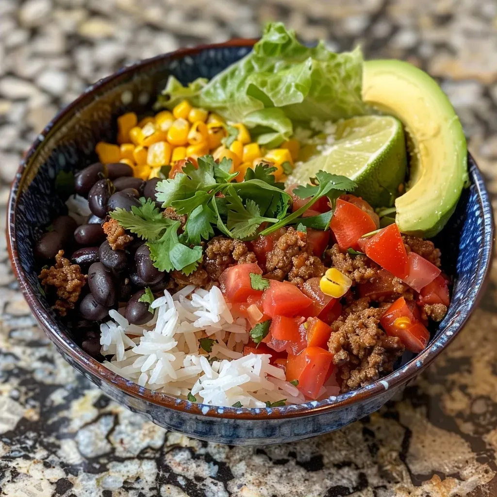 ['Close-up view of a Ground Beef Taco Rice Bowl with colorful toppings.', 'Juicy Ground Beef Taco Rice Bowl featuring rice, beef, and fresh veggies.', 'Side view of a filled taco rice bowl with ground beef and garnishes.', 'Appetizing Ground Beef Taco Rice Bowl showcasing layers of ingredients.']