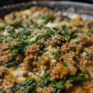 Close-up of a creamy ground beef dish with spinach, showcasing a rich texture.