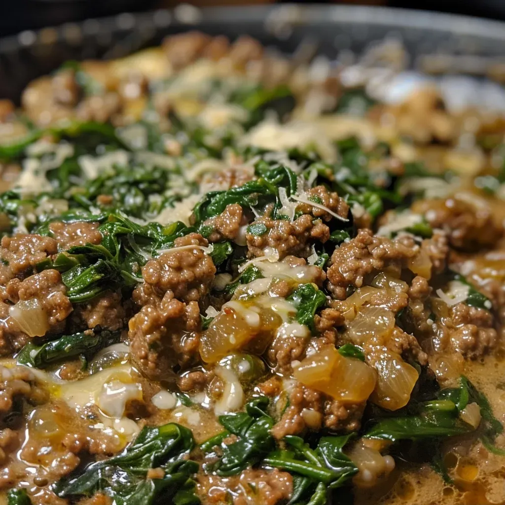 ['Close-up of a creamy ground beef dish with spinach, showcasing a rich texture.', 'Side view of ground beef cooked with spinach and cream, highlighting the vibrant greens.', 'Juicy ground beef mixed with fresh spinach and a creamy sauce in a rustic dish.', "Delicious ground beef and spinach meal, emphasizing the creamy sauce and meat's juiciness."]