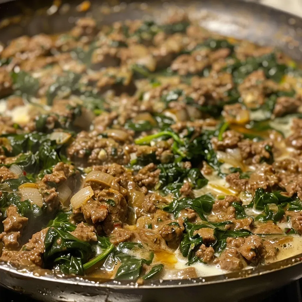 Close-up of a creamy ground beef dish with spinach, showcasing a rich texture.