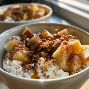 ['Close-up view of a healthy breakfast bowl filled with cottage cheese, diced apple, and a sprinkle of cinnamon.', 'A vibrant bowl displaying cottage cheese topped with chopped apples, oats, nuts, and cinnamon.', 'Side view of a nutritious breakfast bowl with cottage cheese and fresh apple slices, garnished with nuts.', 'Delicious breakfast bowl featuring cottage cheese and apple, decorated with oats and a hint of cinnamon.']
