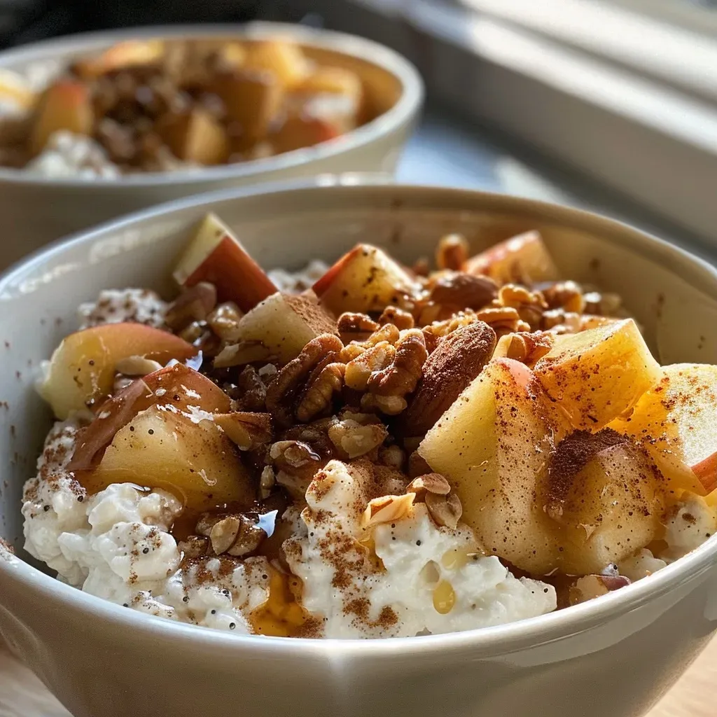 ['Close-up view of a healthy breakfast bowl filled with cottage cheese, diced apple, and a sprinkle of cinnamon.', 'A vibrant bowl displaying cottage cheese topped with chopped apples, oats, nuts, and cinnamon.', 'Side view of a nutritious breakfast bowl with cottage cheese and fresh apple slices, garnished with nuts.', 'Delicious breakfast bowl featuring cottage cheese and apple, decorated with oats and a hint of cinnamon.']